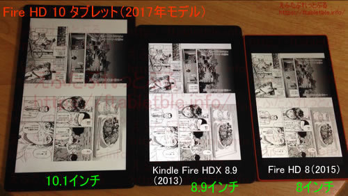 Fire HD 10(2017)比較Kindle Fire HDX 8.9（2013）、Fire HD 8（2015）横画面でコミック